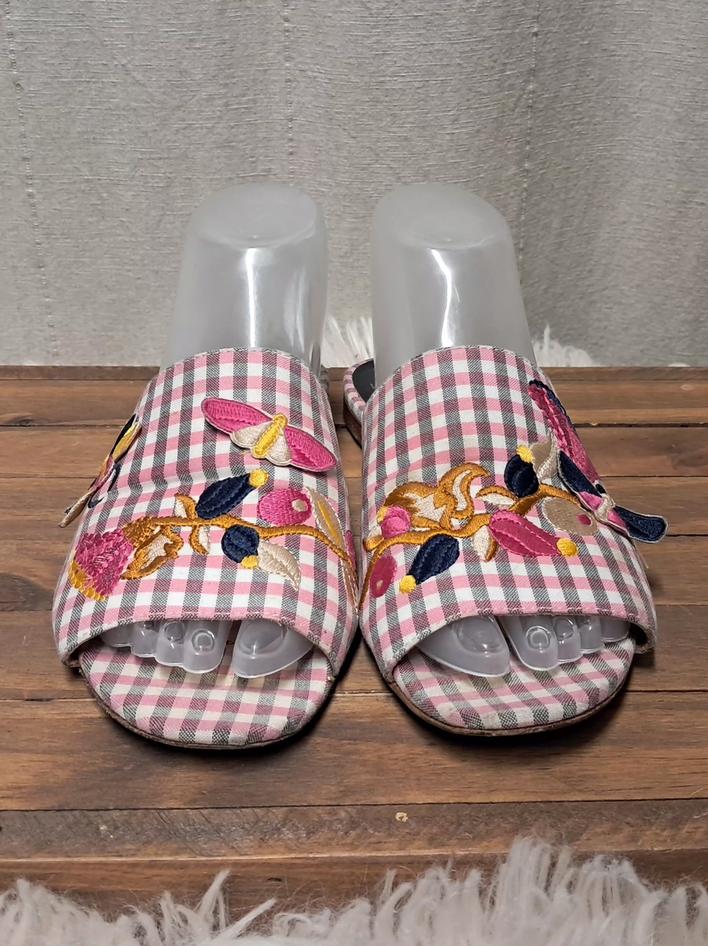 Laurence Dacade Pink Gingham Embroidered Floral Sequin Flat Slide Mule Shoes